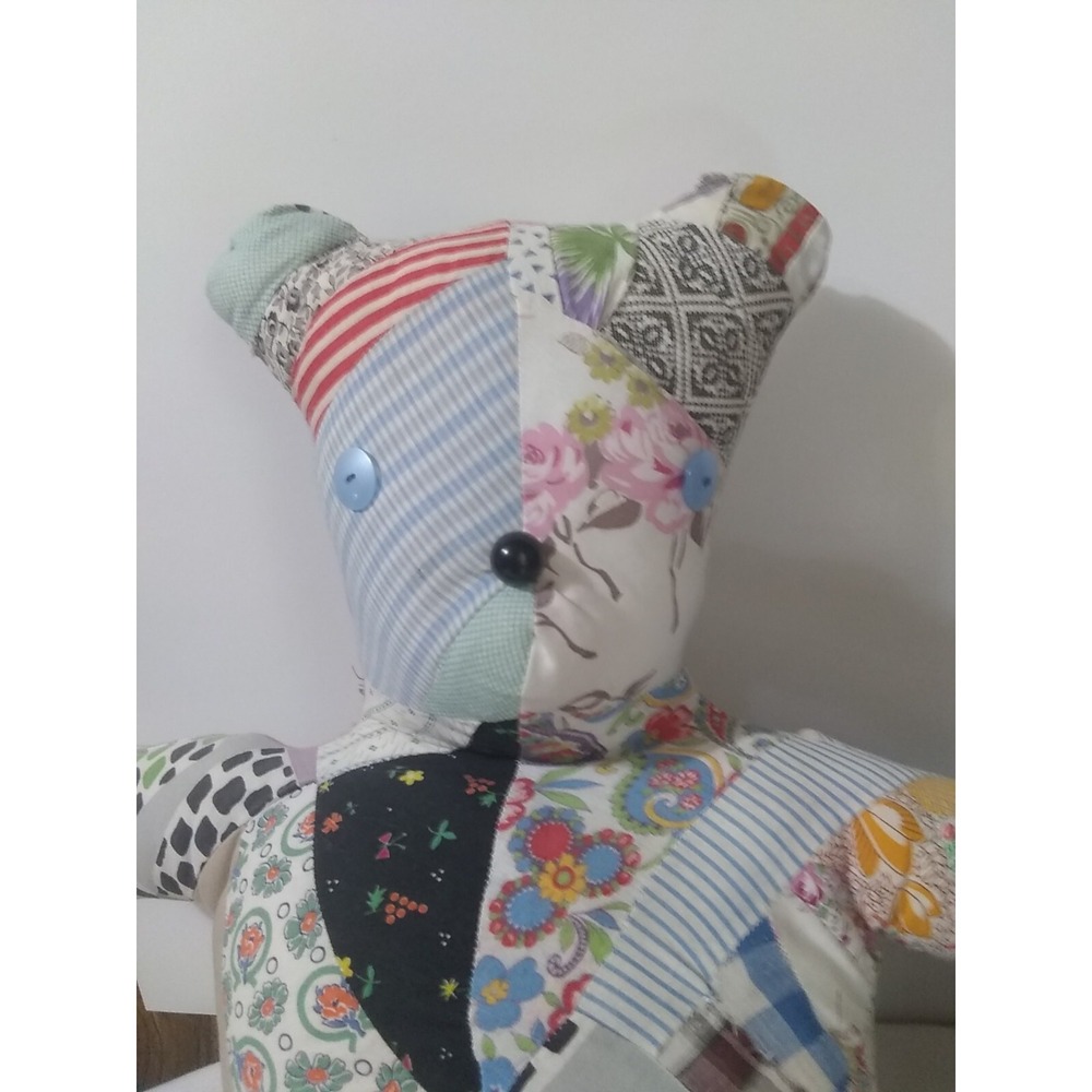 Stuffed Quilted Bear‎ Cottagecore Patchwork Plush Handsewn Button Eyes Nose 15" - Picture 3 of 6